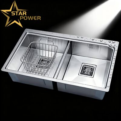 Prezzo buono Lavello a doppia vasca fatto a mano con finitura spazzolata originale in acciaio inossidabile 304 per cucine moderne in linea