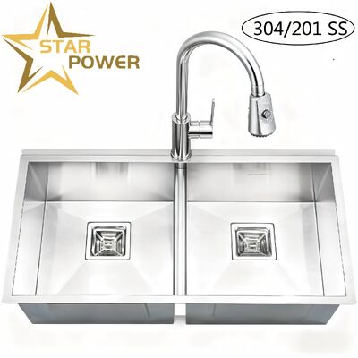 Prezzo buono Lavello da cucina artigianale in acciaio inossidabile spazzolato 304 STAR POWER con design a doppia vasca e rubinetto estraibile in linea