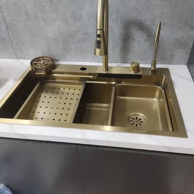 Prezzo buono R10 Avvolgente a angolo senza sbocco 304/316 Acciaio inossidabile lavandino da cucina artigianale con scodella approfondita e compresse di scossa riducenti il rumore in linea