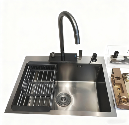 Set Lavello Cucina in Acciaio Inox 304 | Vasca Lavaggio Profonda Premium Fatta a Mano con Rubinetto Cucina ad Arco Alto Antirumore e Antivapor | Profondità Vasca Personalizzabile | Spessore Acciaio Personalizzabile