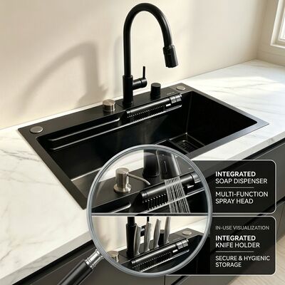 Qualità Lavello da Incasso / Sottopiano per Cucina in Acciaio Inox 304 per Uso Alimentare, Vasca Principale e Ausiliaria, Finitura PVD Gunmetal, Profondità 250mm, Larghezza 900mm | Profondità Vasca Personalizzabile | Spessore Acciaio Personalizzabile fabbrica