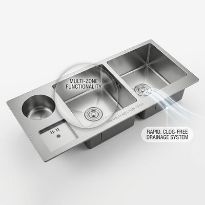qualità Lavello da cucina a montaggio superiore / da incasso, acciaio inox 304 da 18 gauge, doppio lavello, finitura opaca, montaggio superiore, 1000 mm, vasca extra profonda da 300 mm | Profondità vasca personalizzabile | Spessore acciaio personalizzabile fabbrica