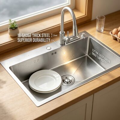Prezzo buono Lavandino da cucina a vasca singola in acciaio inossidabile SUS304 spazzolato, design sottotop, design 700mm, bacino profondo 200mm in linea
