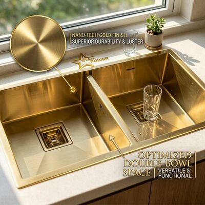 Prezzo buono Gold-Toned Food-Grade 304 Stainless Steel Main Auxiliary Bowl Kitchen Sink Flush-Mount 900mm 250mm Deep Basin in linea
