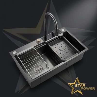 Prezzo buono PVD Vacuum-Plated Gunmetal Handmade 304 Stainless Steel Kitchen Sink Double Bowl 900mm 250mm Deep Basin in linea