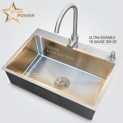 Prezzo buono 18 gauge 304 SS lavandino da cucina a doppia scodella con vasca extra profonda di 300 mm e montaggio in cima in linea