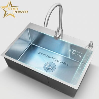 Prezzo buono Cucina a doppia tazza rivestita in nano 304 SS di qualità alimentare con vasca profonda di 250 mm in linea