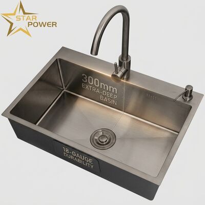 Prezzo buono 18 calibro 304 SS Lavello da cucina con rifinitura PVD in metallo da fuoco e 300 mm Extra-Deep Main & Auxiliary Bowl in linea