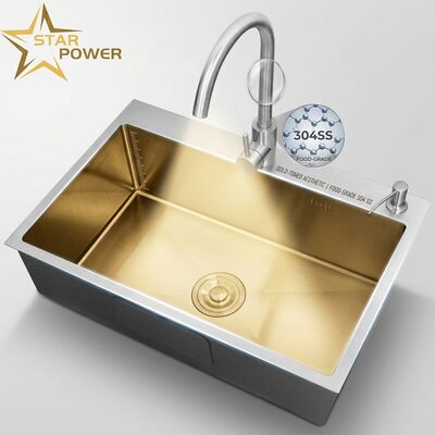 Prezzo buono Lavello da cucina in acciaio inox 304 per uso alimentare, principale e ausiliario, finitura oro, a incasso, 900 mm, vasca profonda 250 mm in linea