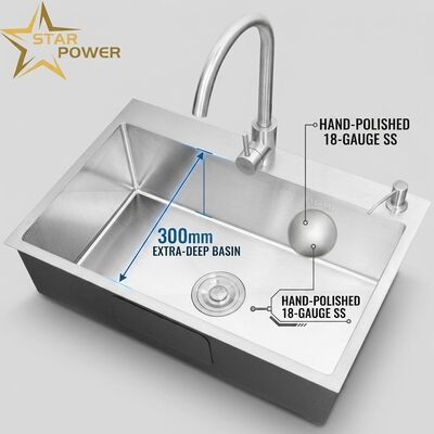 Prezzo buono Lavello da cucina a doppio vasca in acciaio inox 304 da 18 gauge, lucidato a mano, con vasca extra profonda da 300 mm in linea