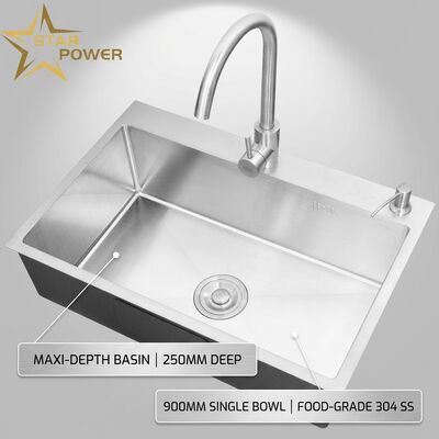 Prezzo buono Lavabo di cucina di grado alimentare 304 SS Lavabo da cucina a singola tazza cromato Lavabo di 900 mm 250 mm profondo vasca disponibile profondità di vasca personalizzata misura di acciaio personalizzata disponibile in linea