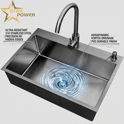 Prezzo buono Lavello da Incasso / Sottopiano per Cucina in Acciaio Inox 316 con Vasca Principale e Ausiliaria, Finitura Gunmetal PVD, Profondità 800mm 220mm | Profondità Vasca Personalizzabile | Spessore Acciaio Personalizzabile in linea