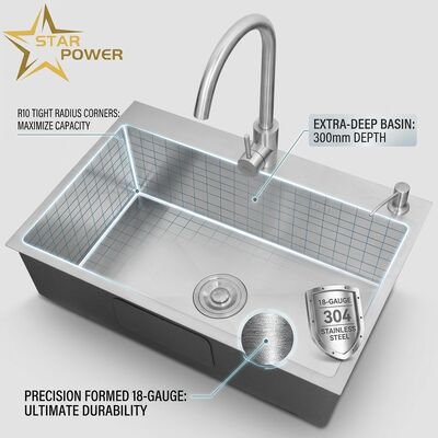Prezzo buono Lavello da cucina a montaggio superiore / da incasso, acciaio inox 304 da 18 gauge, doppio lavello, finitura opaca, montaggio superiore, 1000 mm, vasca extra profonda da 300 mm | Profondità vasca personalizzabile | Spessore acciaio personalizzabile in linea