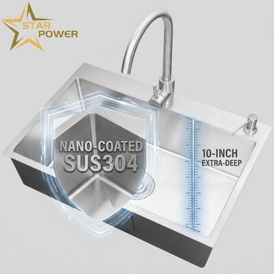 Prezzo buono Top Mount / Drop-in Cuisine Sink SUS304 Acciaio inossidabile uguale doppio vassoio cucina Sink nano-rivestito Drop-in 700mm 10 pollici vasca extra-profonda. in linea