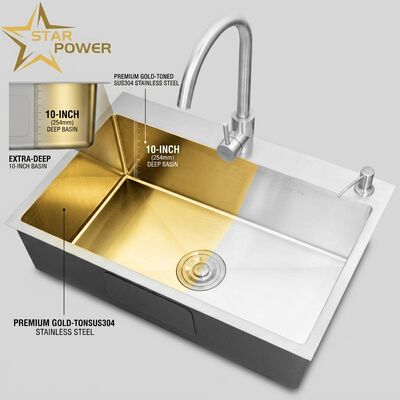 Prezzo buono Lavello da Incasso / Sottopiano in Acciaio Inox SUS304 Lavello da Cucina Tonalità Oro Montaggio a Filo Bacino Extra Profondo da 700 mm da 10 Pollici | Profondità Bacino Personalizzabile Disponibile | Spessore Acciaio Personalizzabile Disponibile in linea