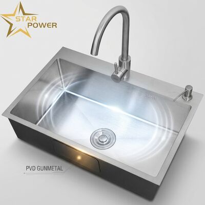 Prezzo buono Lavello da Incasso / Sottopiano per Cucina in Acciaio Inox 304 per Uso Alimentare, Vasca Principale e Ausiliaria, Finitura PVD Gunmetal, Profondità 250mm, Larghezza 900mm | Profondità Vasca Personalizzabile | Spessore Acciaio Personalizzabile in linea