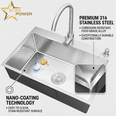 Prezzo buono Lavello da cucina a montaggio superiore / da incasso in acciaio inossidabile 316 con doppio lavello, lavello da cucina a incasso con rivestimento nano, vasca da 800 mm di profondità 220 mm | Profondità vasca personalizzabile disponibile | Spessore acciaio personalizzabile disponibile in linea