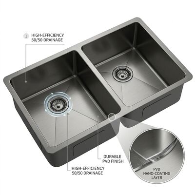 Qualità PVD Gunmetal 304 in acciaio inossidabile Sink di cucina sottostante, doppio bacino 50/50, cuscinetti di gomma ammortizzanti rivestiti fabbrica